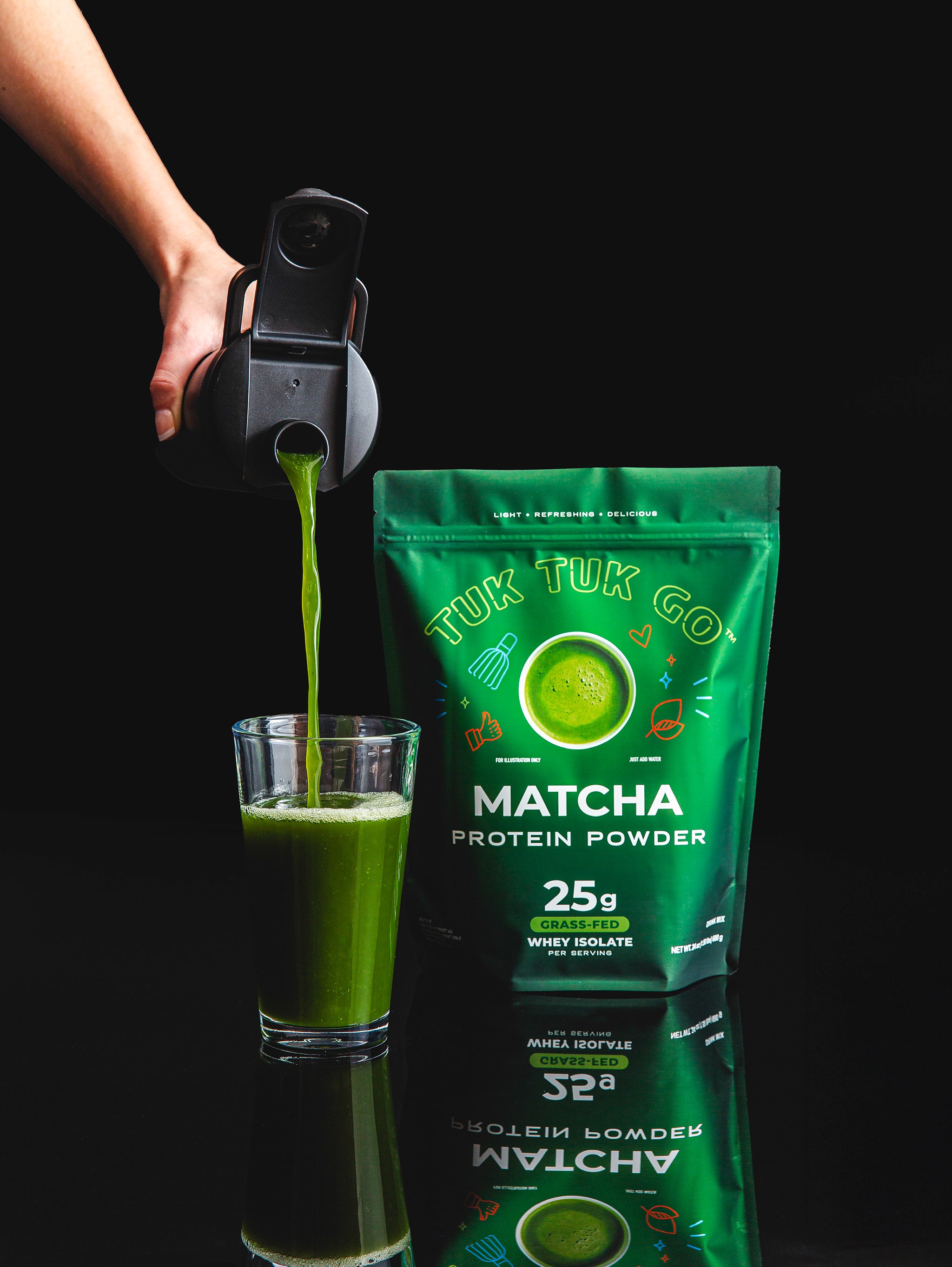 Pouch of Matcha protein powder, with a hand pouring a shaker bottle of mixed protein drink into a glass.