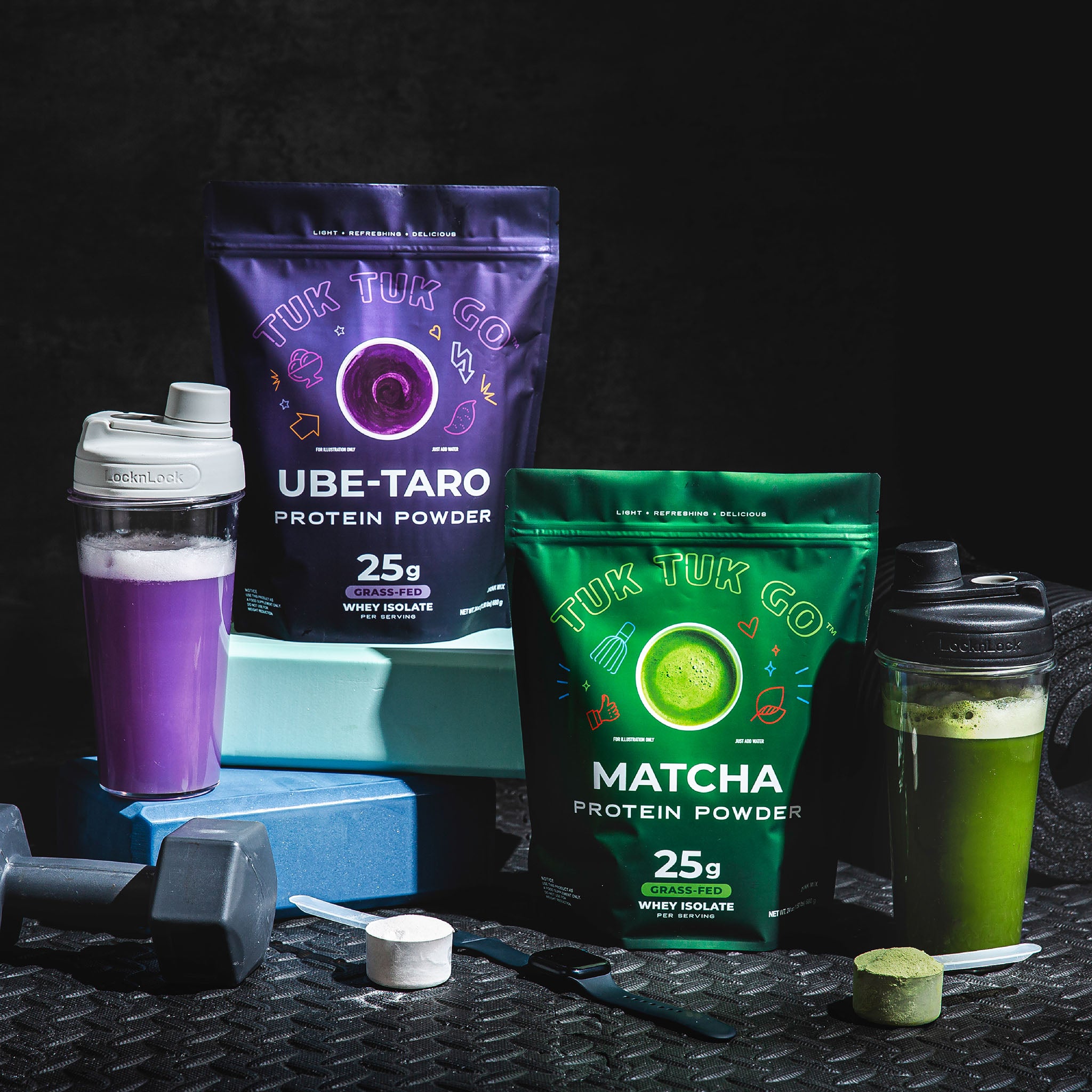 Ube taro protein powder pouch with blender bottle and matcha protein powder with shaker bottle