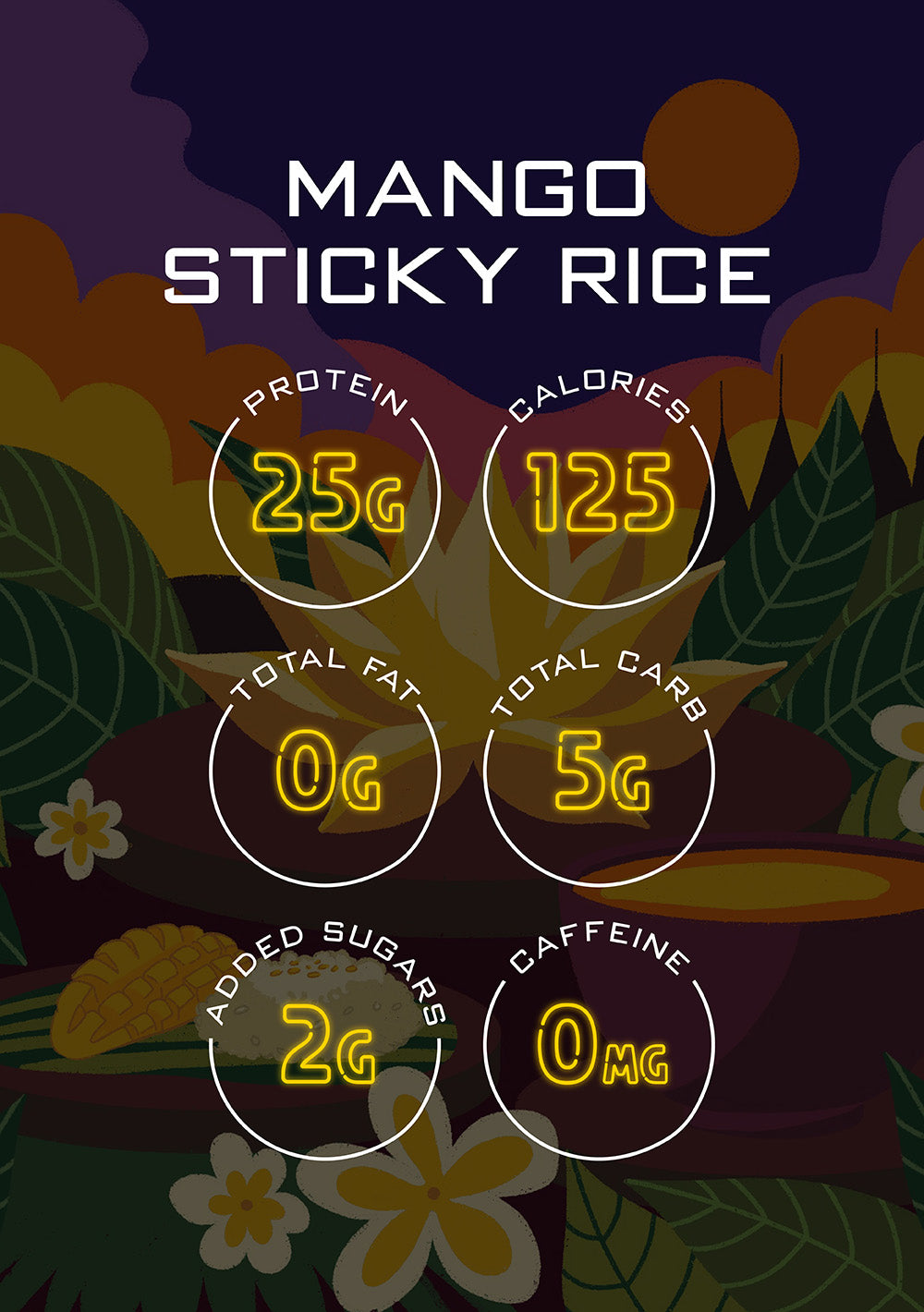 Mango sticky rice protein powder key nutritionals:
25g protein;
125 calories;
0g total fat;
5g total carb;
2g added sugar
0mg caffeine.