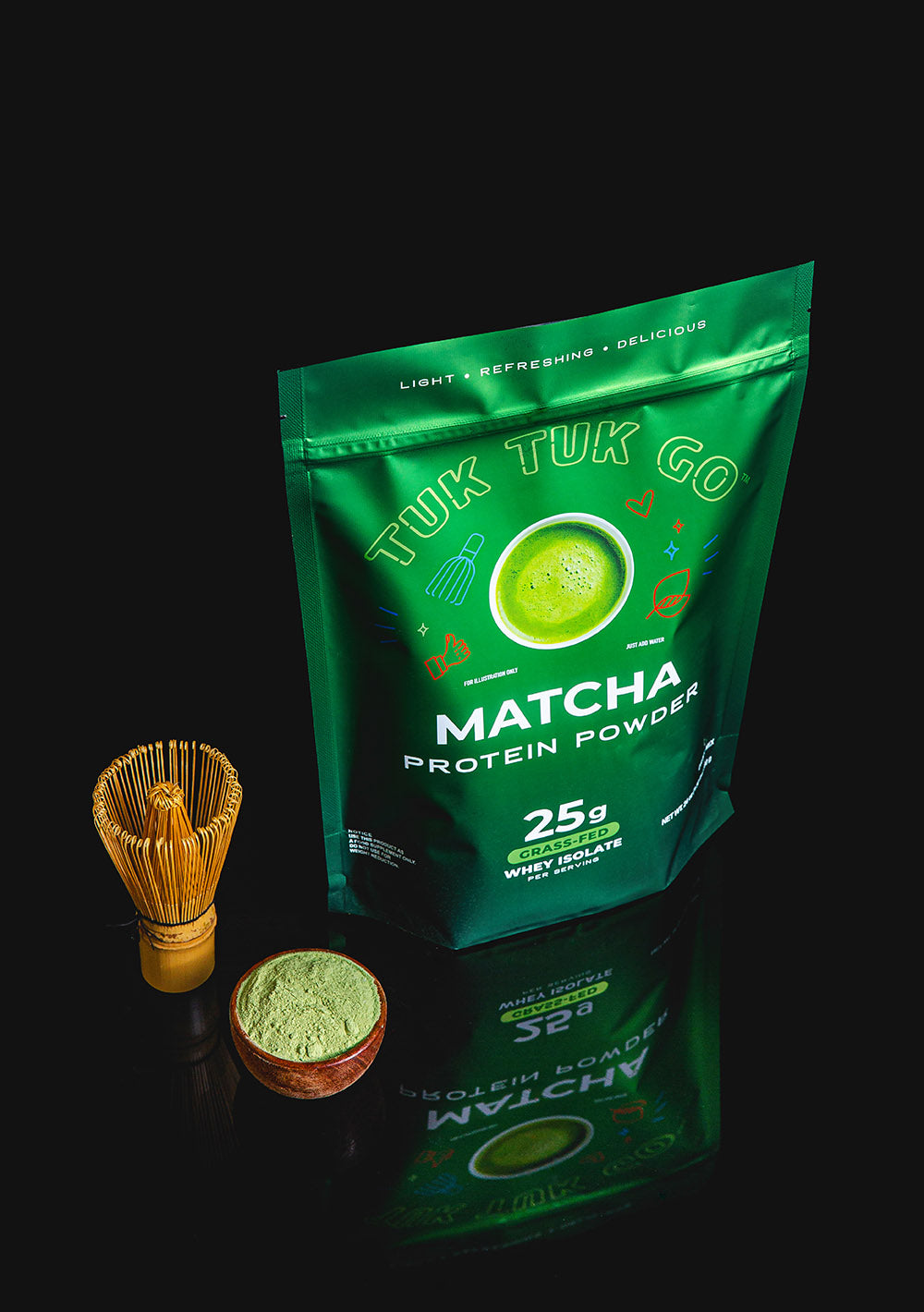 Matcha protein powder in pouch next to matcha whisk and powder.