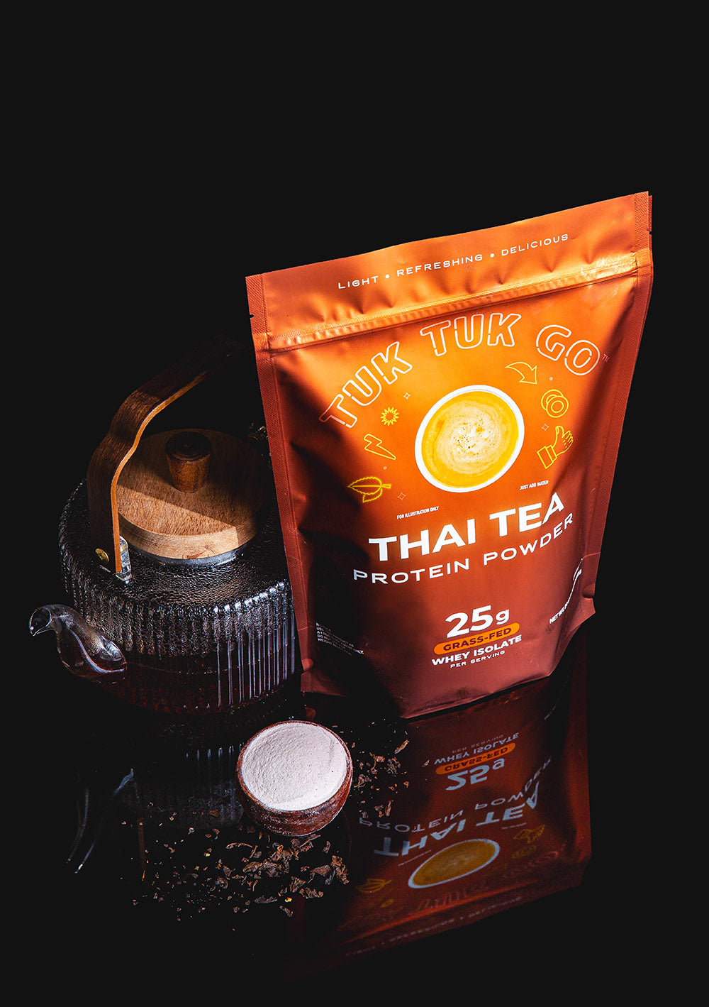 Thai Tea protein powder in pouch next to tea pot.
