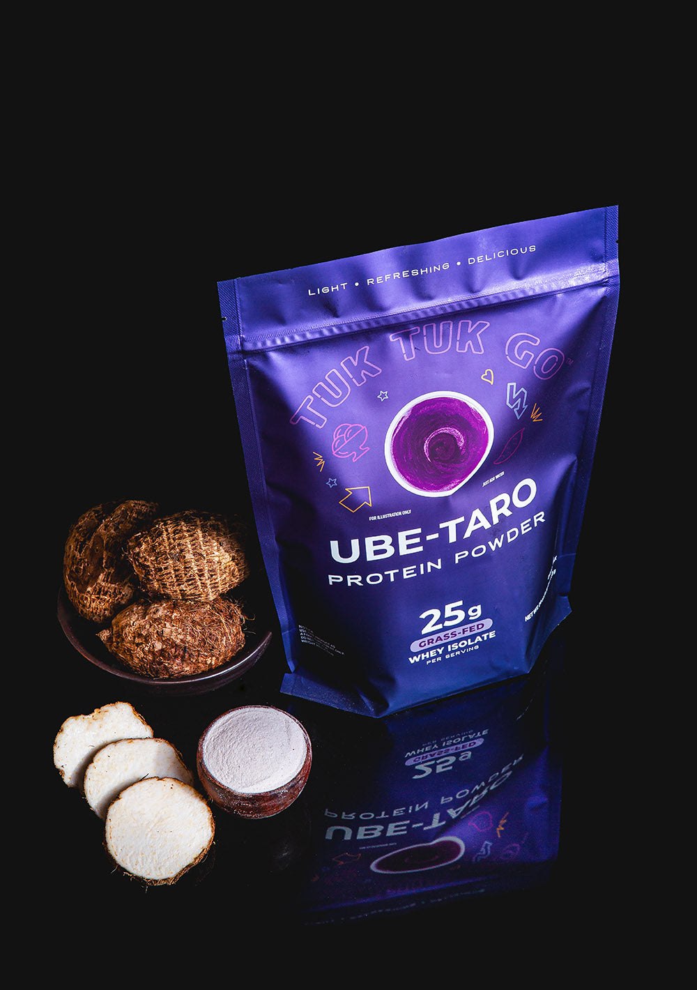 Ube Taro protein powder in pouch next to bowl of taro.