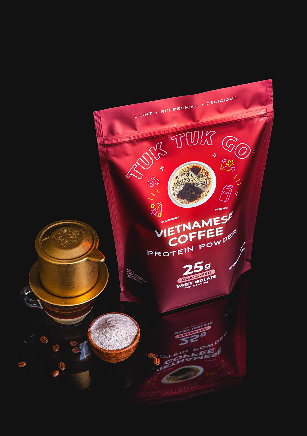 Vietnamese Coffee protein powder in pouch next to glass of tea.